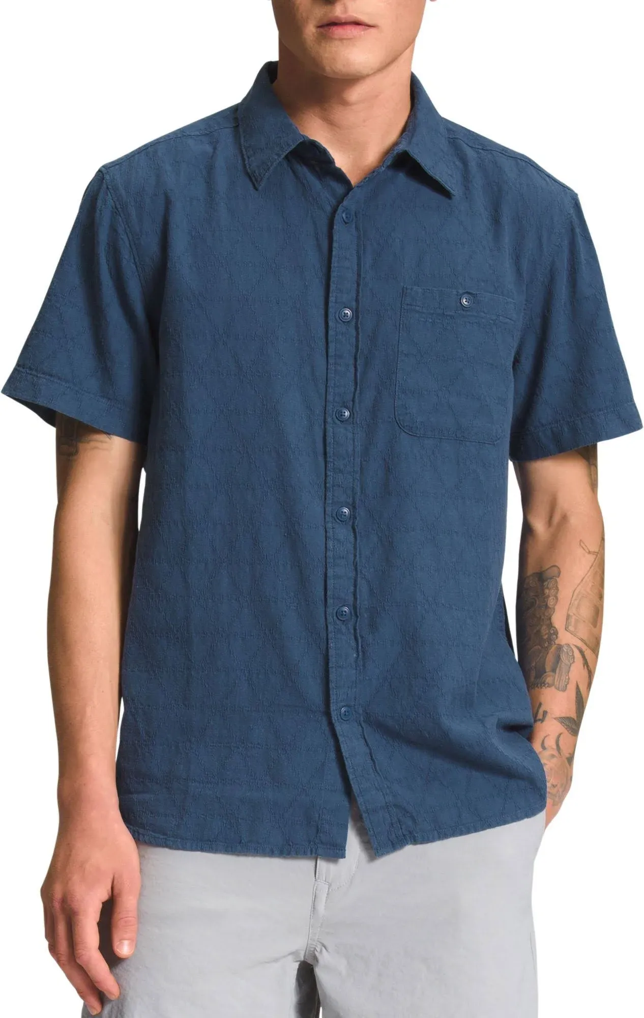 The North Face Loghill Jacquard Shirt Short Sleeve Button Down Top Blue Men&#039;s S