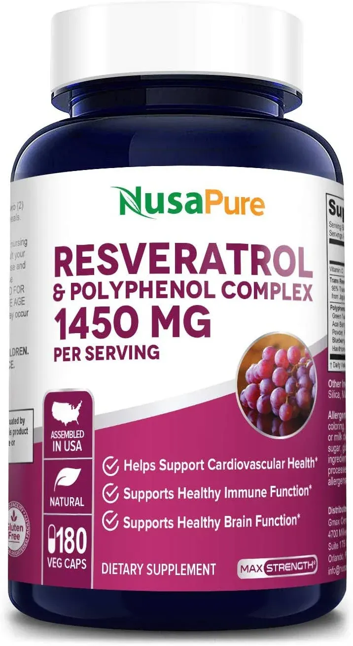 Resveratrol & Polyphenol Complex 1450mg 180 Vegetarian Caps (Non-GMO, Vegan) Vitamin C