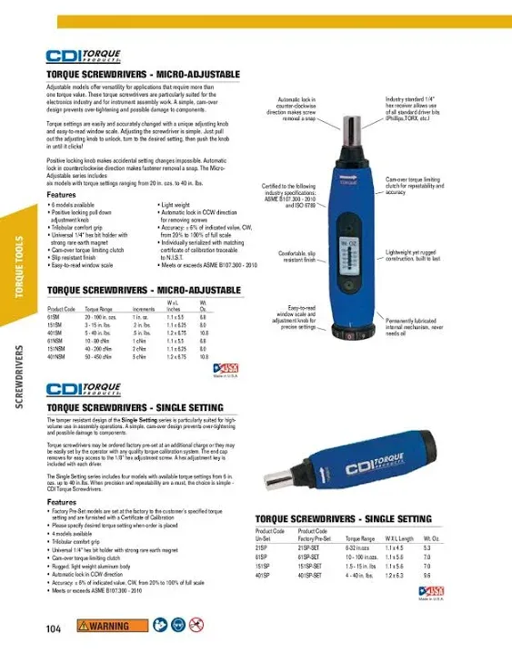 CDI 151SM 1/4" Drive 3-15 In. Lb. Hex Bit Holder Micro Adjustable Torque Screwdriver