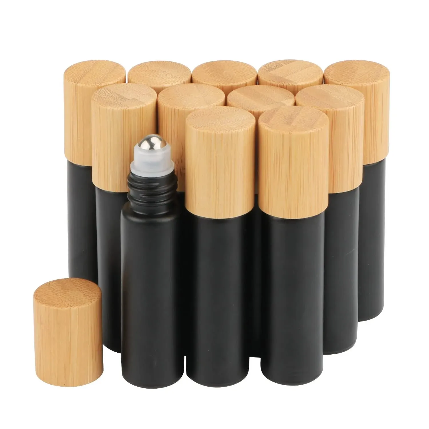 10ml Glass Roll on Bottles Frosted black Roller Bottles For Essential Oils Perfume Sample Bottles With Stainless Steel Roller Ball &Bamboo Cap,12pcs