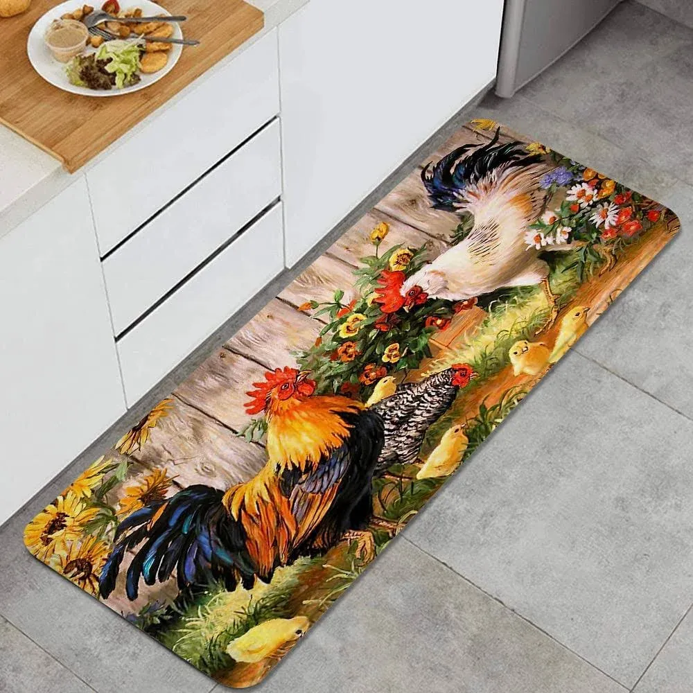 Home Decor Personalized Memory Foam Anti-Fatigue Kitchen Floor Mat,Chicken and Rooster in The Grass Vintage Kitchen,Comfort Office Standing Area Rug Carpet Non Slip,47.2" x 17.7"