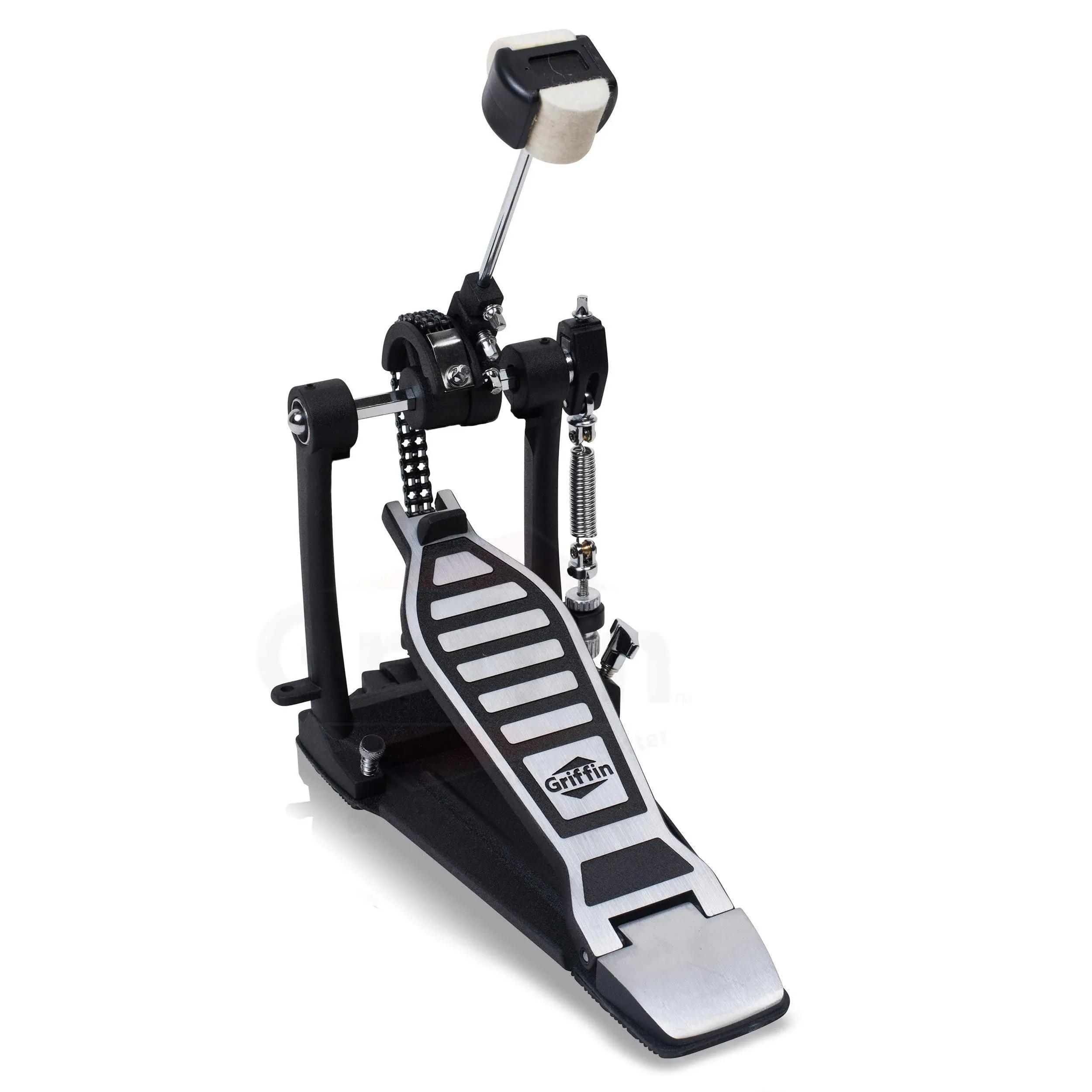 Single Kick Bass Drum Pedal by GRIFFIN | Deluxe Double Chain Foot Percussion Hardware for Intense Play | 4 Sided Beater & Fully Adjustable Power Cam System | Perfect for Beginner & Pro Drummers