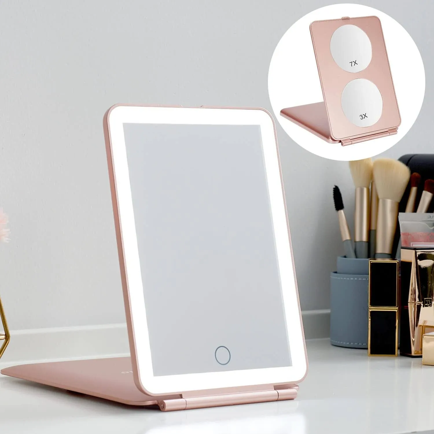 LED Foldable Travel Makeup Mirror - 5x7 inches 3 Colors Light 3X 5X Magnifier...