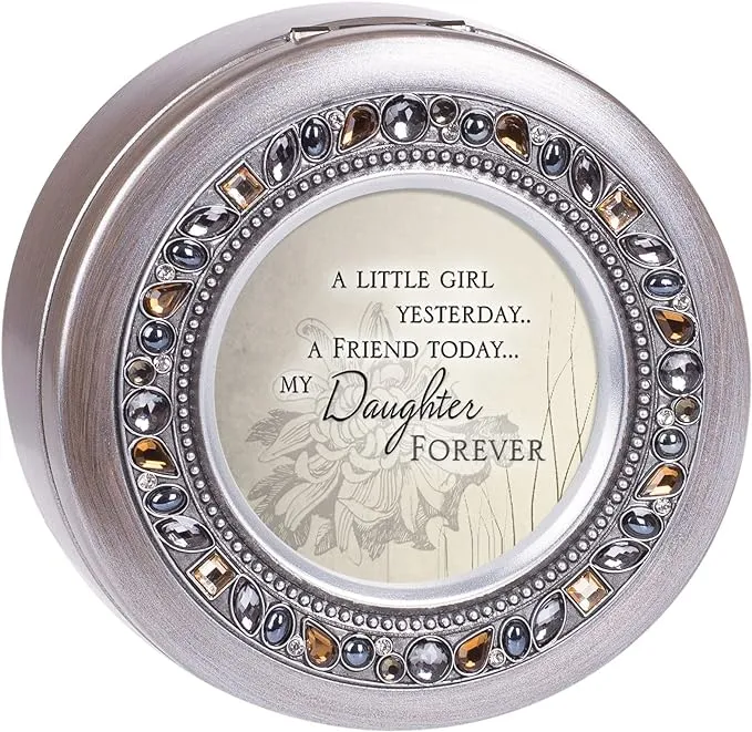 Cottage Garden Friend Today Daughter Forever Brushed Silver Round Jeweled Music Box Plays Tune Wonderful World