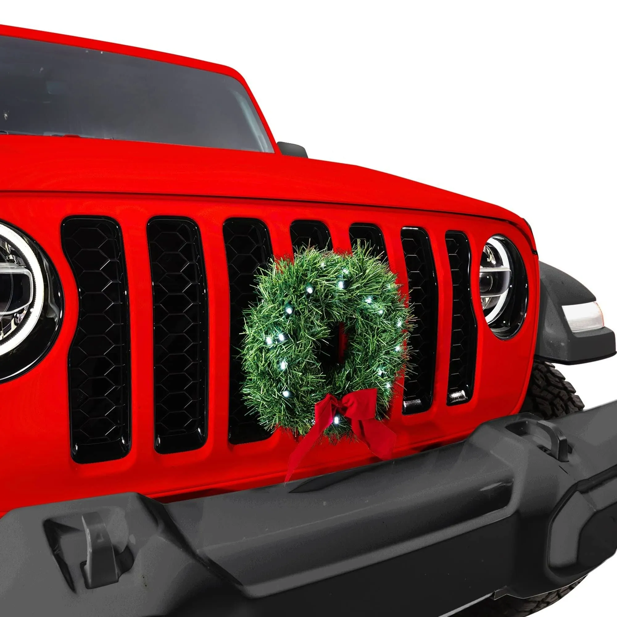 Christmas Car Decoration - Car Christmas Wreath - 2024 Light-Up Christmas Wreath for Car Grill - Fits Jeeps Trucks SUVs RVs Golf Carts and More - 12-Volt Plug-in Wreath Lighting