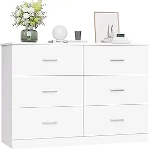 FOTOSOK White Dresser, 47.2'' Large 6 Drawer Dresser Wide Chest of Drawers for TV Stand, Modern Dresser White Floor Storage Drawer Cabinet for Home Office, White