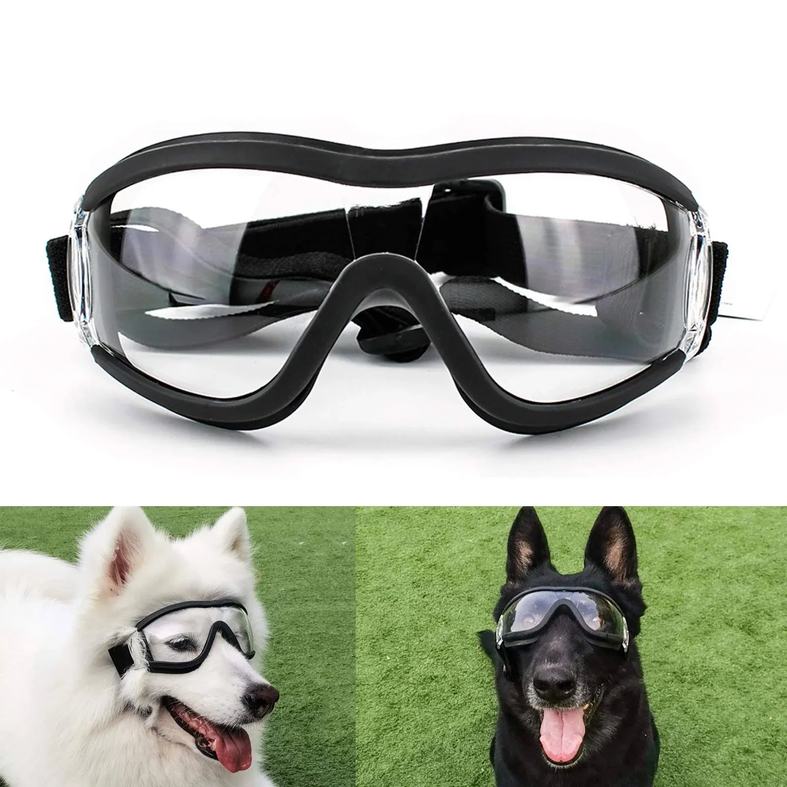 NAMSAN Dog Sunglasses Medium to Large Dog UV Transparent Goggles Windproof Anti-Dust Snowproof Pet Glasses with Elastic Straps, Clear