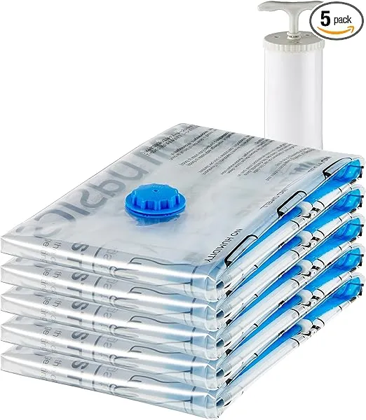 Amazon Basics Vacuum Compression Space Saving Storage Bags with Hand Pump, Large, Pack of 5, Clear