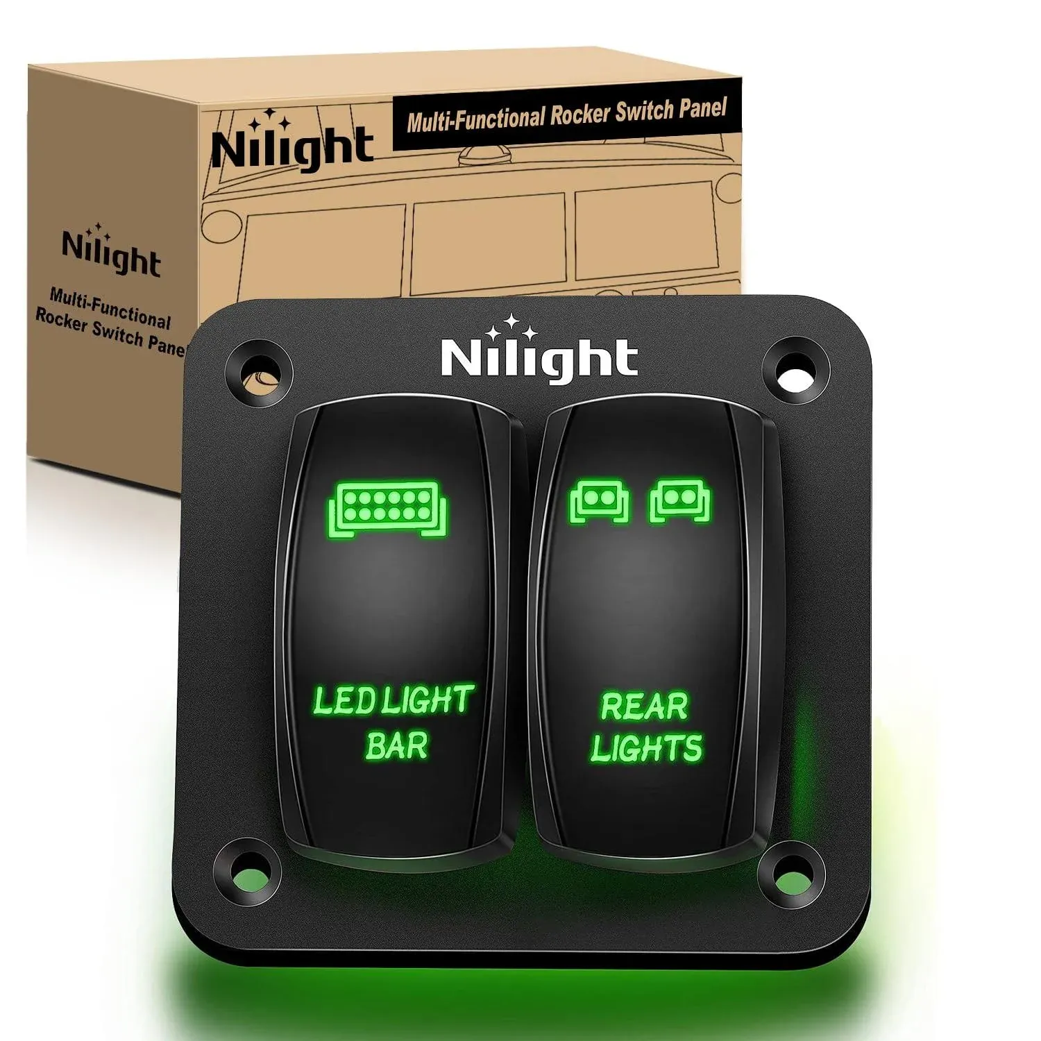 Nilight 2 Gang Rocker Switch Panel LED Light Bar Switch Rear Lights Switch 12 24V DC Green Switches 5Pin On Off Pre-Wired Toggle Switch Panel for Cars