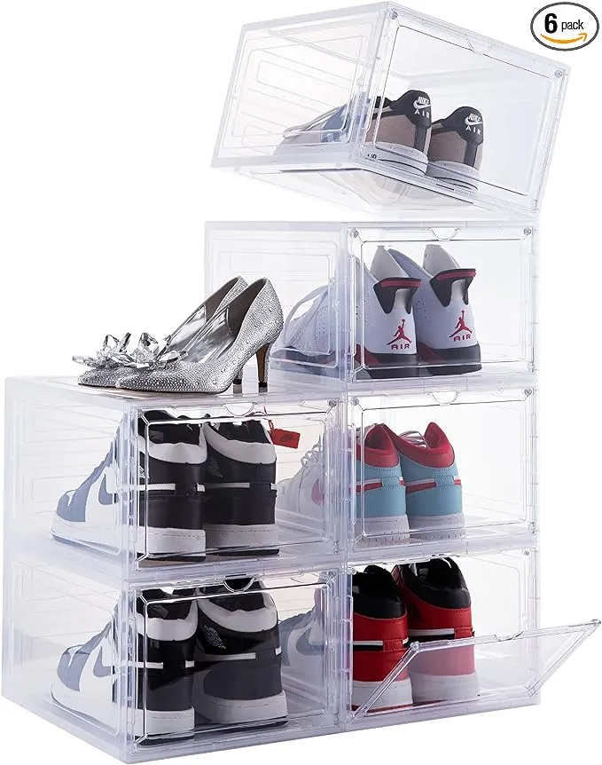 Attelite Drop Front Plastic Shoe Box with Clear Door,Set of 6,Stackable,For Display Sneakers,Easy Assembly,Fit up to US Size 12(13.4”x 10.6”x 7.4”)