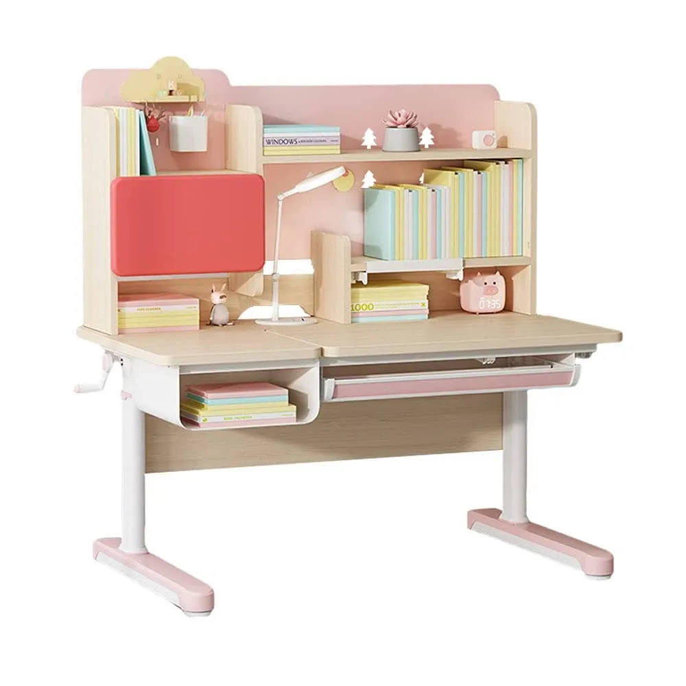 FCD Wood Adjustable Height Ergonomic Kids Study Desk Drafting Table Computer Station Built-in Bookshelf Hutch Multi Function Desktop 43.3" Width (Pink)