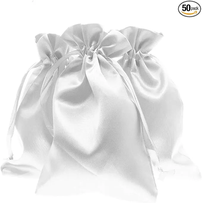 6" x 9" White Satin Gift Bags, Jewelry Bags, Wedding Favor Drawstring Bags Baby Shower Christmas Gift Bags 50 per Pack