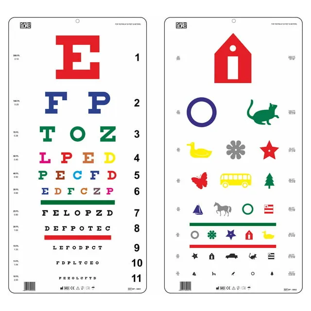 Snellen EFP & Kindergarten Color Distance Vision Eye Chart 20 Feet 22 x 11 Inch