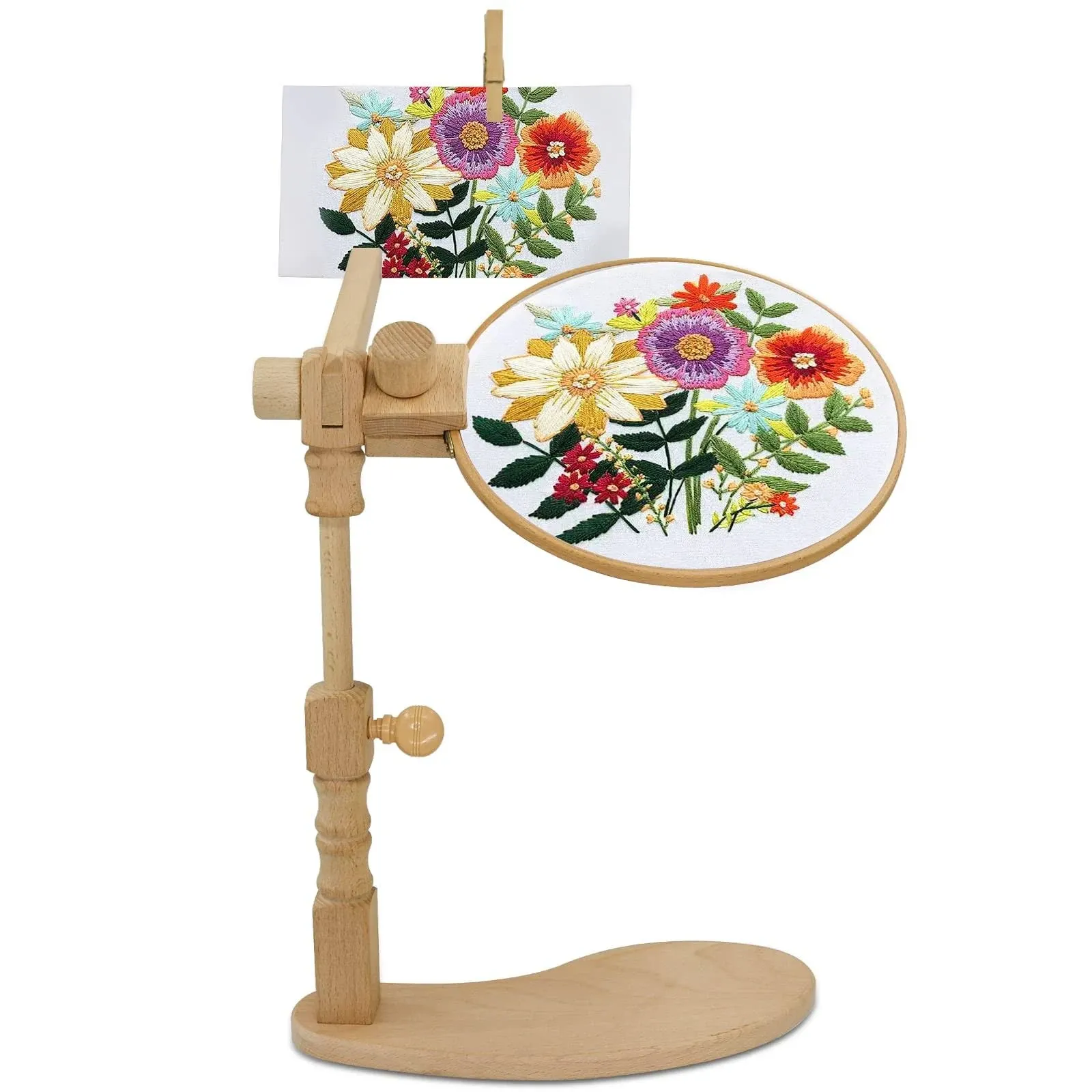 Upgraded Embroidery Hoop Stand, 360° Adjustable Sitting Cross Stitch Stand, Easy to Use Wooden Embroidery Hoop Holder, Hands Free Cross Stitch Stand for Art Craft Sewing Projects