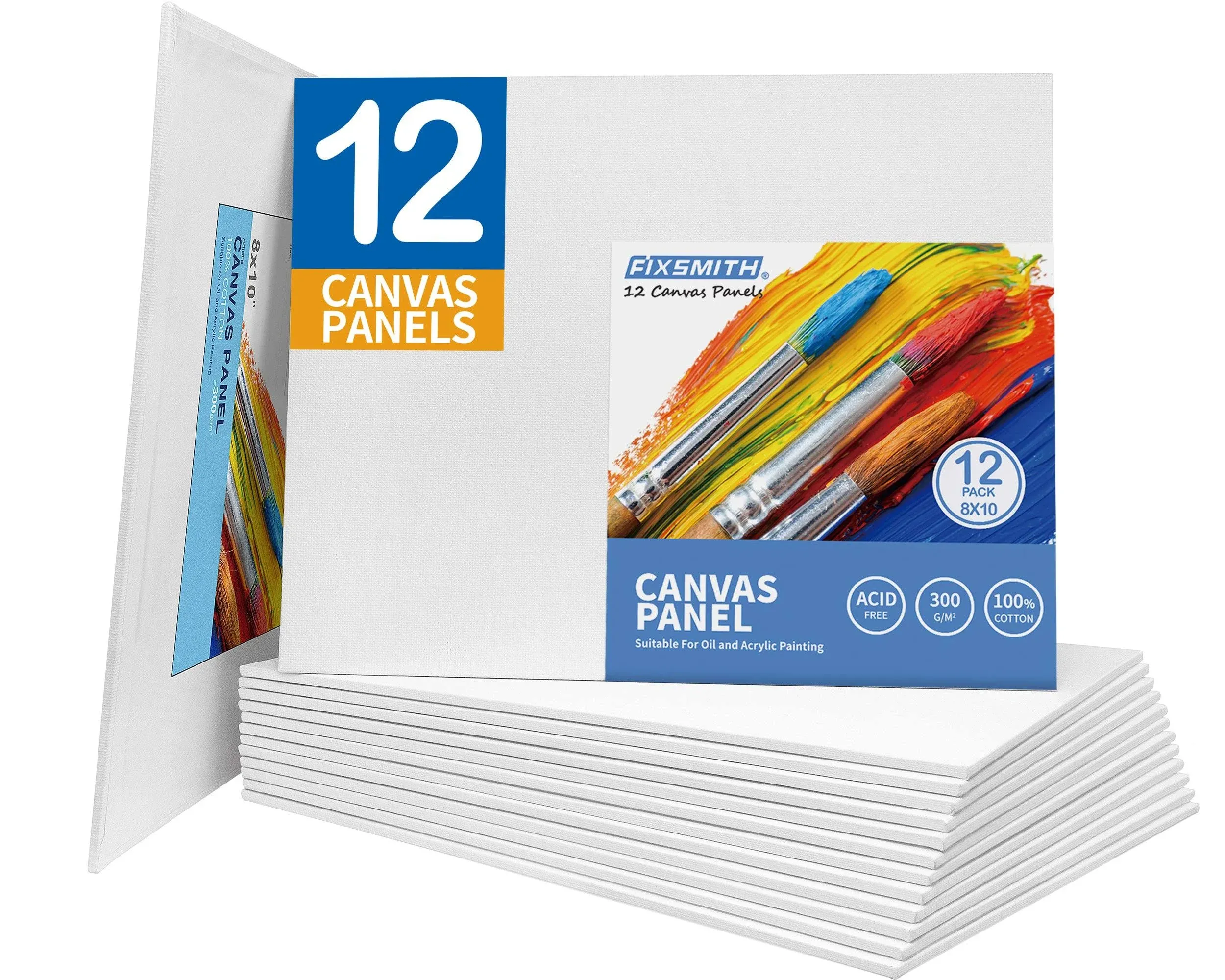 FIXSMITH Painting Canvas Panels - 8x8 Inch Canvas Panel Super Value 12 Pack Canvases,100% Cotton,Square Canvas Board,Acid Free,Artist Canvas Boards for Professionals,Hobby Painters,Students & Kids.