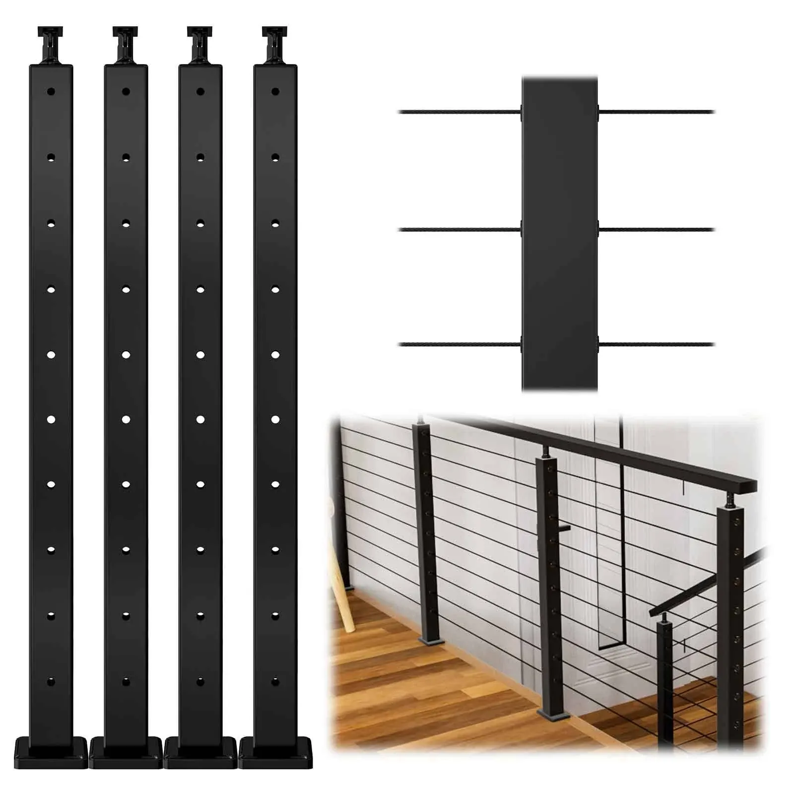 Muzata Level drilled Cable Railing Post 36"x2"x2" Adjustable Top Stainless Steel Black Finish Wood Concrete Level