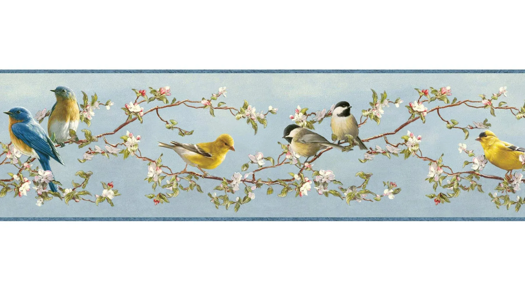 Wallpaper Border Louise Blue Songbird Portrait Birds on Floral Branches