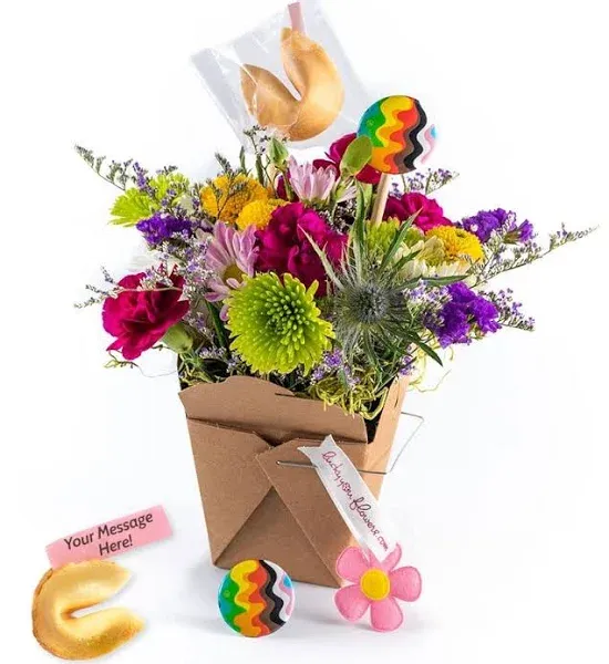 Pride Fresh Cut Live Flowers Arranged in a Takeout Container with Your Personal Message Tucked Inside a Fortune Cookie