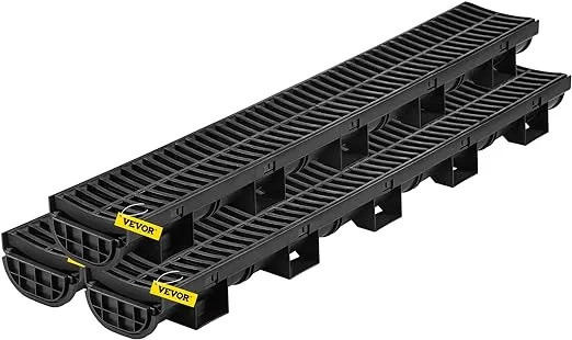 VEVOR Trench Drain System, 5.7x3.1x39-Inch HDPE Drainage Trench,Channel Drain with Plastic Grate, Black Plastic Garage Floor Drain, 3x39 Trench Drain Grate, for Garden, Driveway-3 Pack
