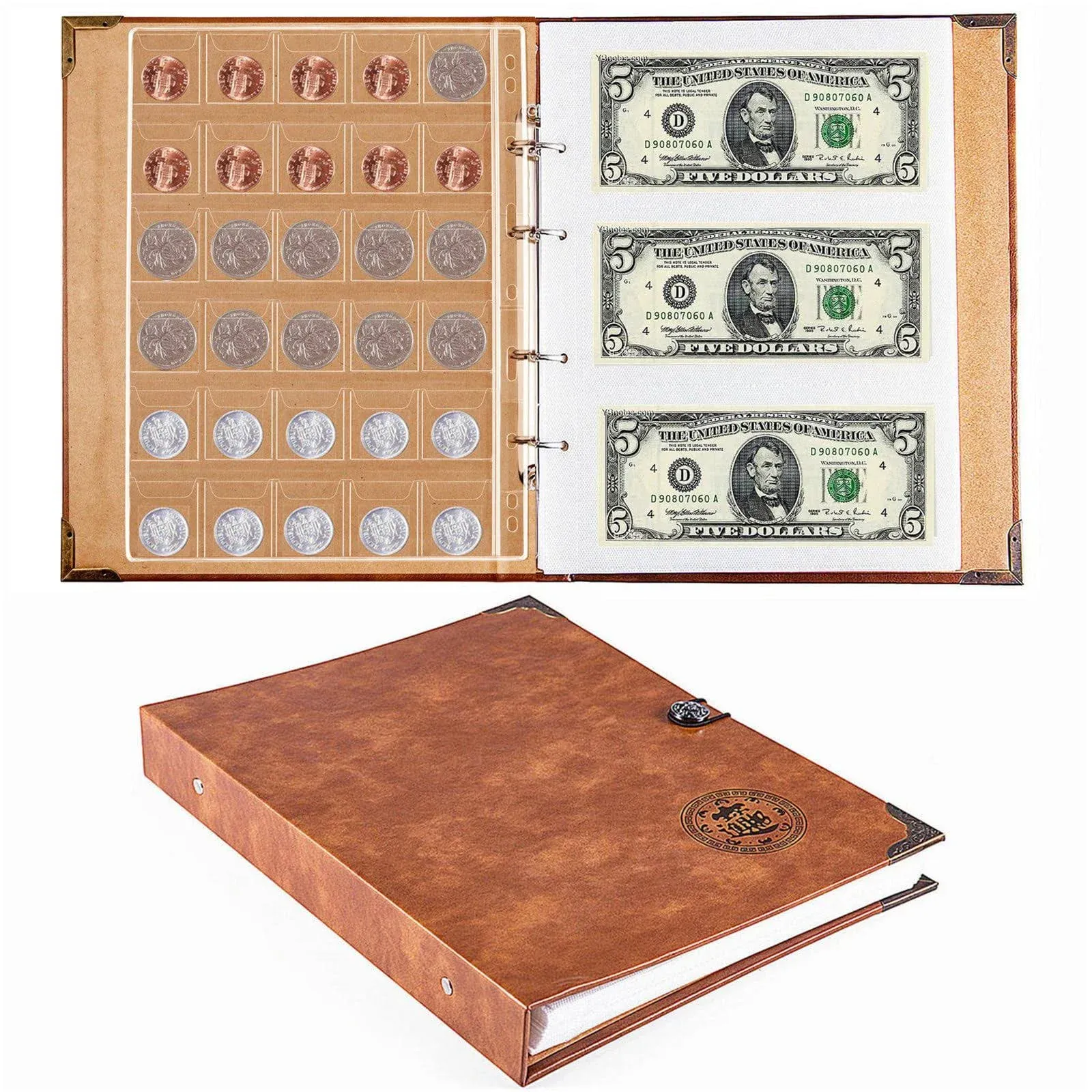 Ettonsun Leather 150 Pockets Coin Collecting Holder Album, 240 Pockets Paper Mon