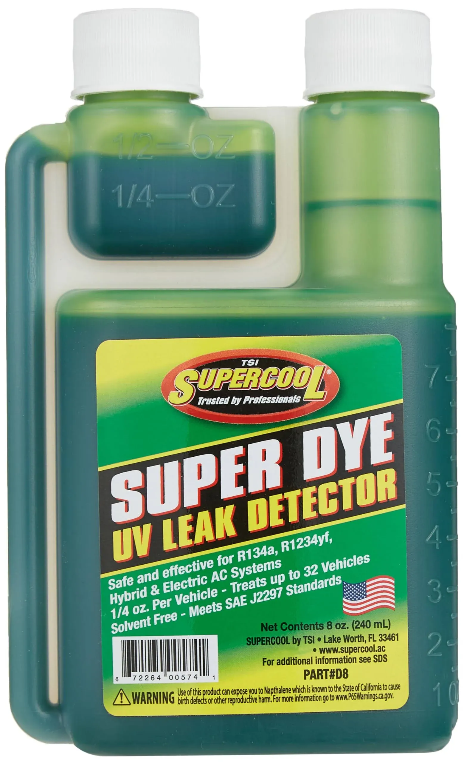 Supercool® D8 - 8 oz. Green UV Leak Detection Dye Concentrate with Self Measure Bottle