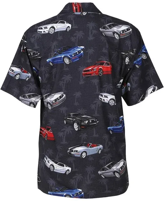 Newport Blue 1964 Ford Mustang &amp; Palm Trees Hawaiian Aloha Camp Shirt Size XL