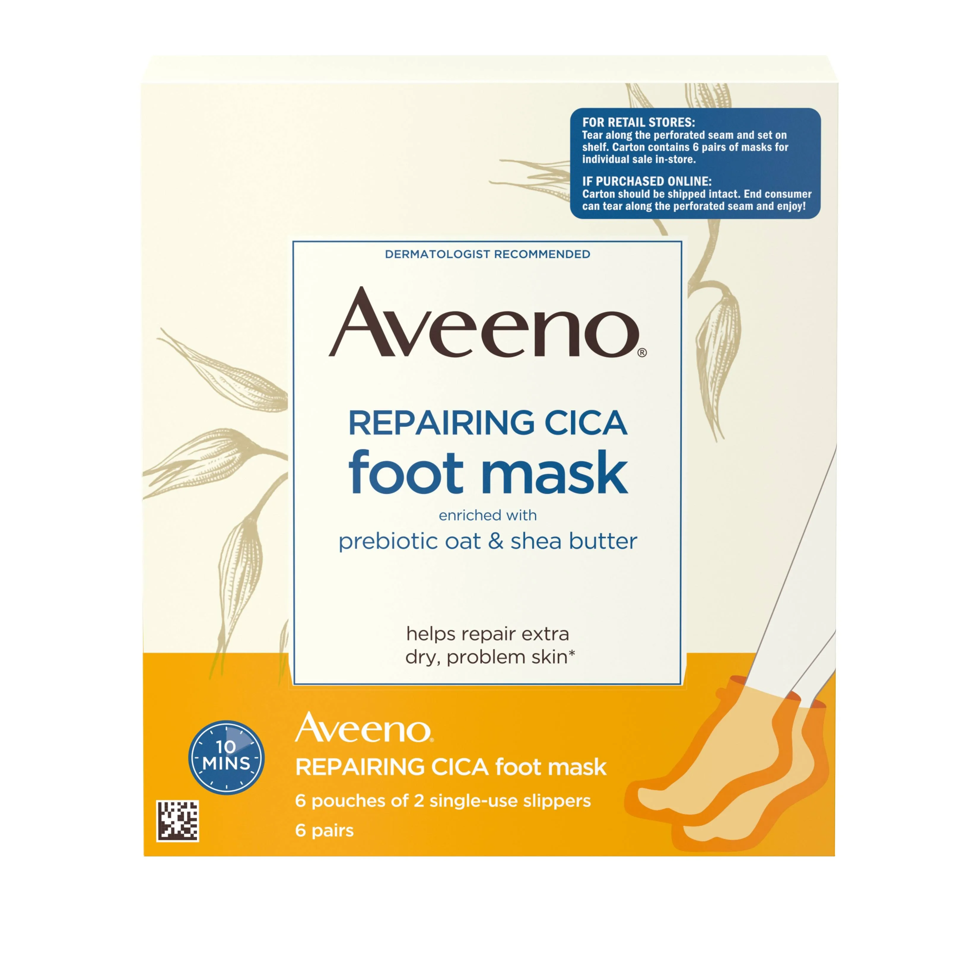 Aveeno Repairing Cica Moisturizing Foot Mask with Oat, 6 Pairs