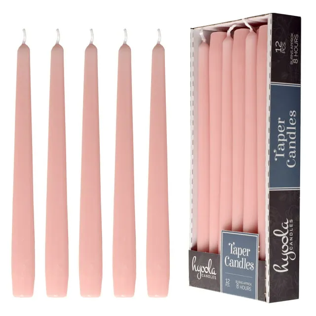 Hyoola 10" Light Pink Dripless European Made Taper Candles, Unscented Paraffin Wax with Cotton Wicks, 12-Pack