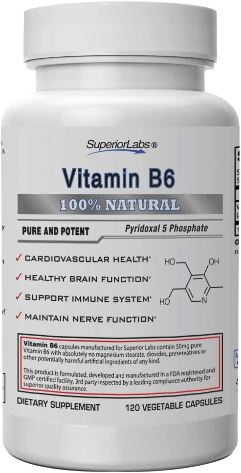 Superior Labs — Best Vitamin B6 Dietary Supplement — 50 mg Dosage,120 Vegetable Capsules —Supports Immune System Health — Healthy Brain Function — Cardiovascular Health Support