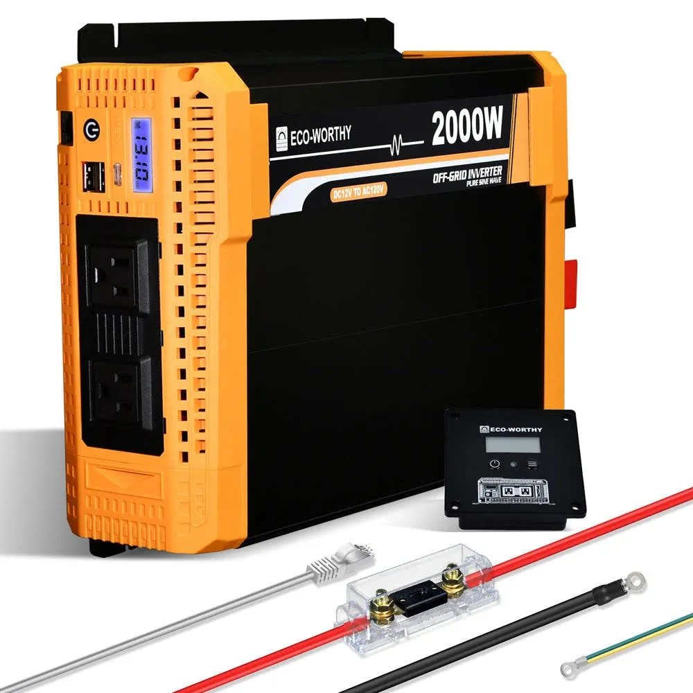 ECO-WORTHY 2000W Pure Sine Wave Inverter 12V DC to 120V AC Converter with Built-in Dual 18W USB Port, 2*ac Outlets, 1*Hardwire Terminals, 1*200a Fuse,