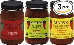 Mateo's Gourmet Salsa 16oz Glass Jar (Pack of 3) Select Heat Level Below (Sampler Pack with 1 of each Heat Level)