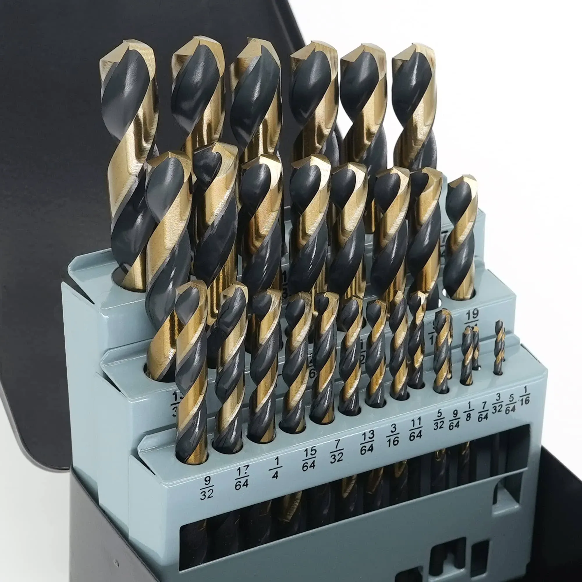 BeHappy Drill Bit Set 29Pcs, High Speed Steel Carbide Drill Bit Set, Twist Jobber Drill Bits for Hardened Metal, Stainless Steel, Iron, Plastic, Wood, Indexed Storage Case, 1/16"-1/2", Black and Gold