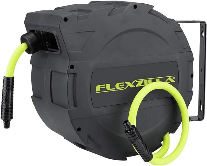 Flexzilla Retractable Enclosed Plastic Air Hose Reel, 3/8 in. x 30 ft, Heavy Duty, Lightweight, Hybrid, ZillaGreen - L8232FZ