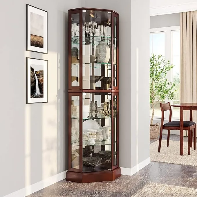 BELLEZE Lighted Corner Display Curio Cabinet Wooden Curved Shelving Unit with Tempered Glass Door, Bar and Liquor Storage Area with 6 Shelves - Ashfield (Walnut)