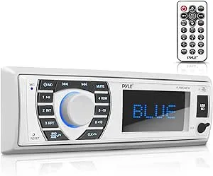 Pyle Bluetooth Marine Receiver Stereo - 12v Single DIN Style Boat In dash Radio Receiver System with Digital LCD, RCA, MP3, USB, SD, AM FM Radio - Remote Control, Wiring Harness - PLRMR23BTW (White)