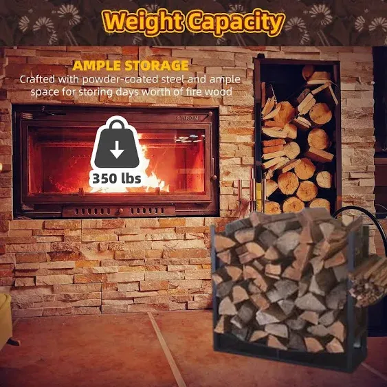 Kojem Steel Fire Wood Log Rack 34.25" for Indoor Outdoor Fire Pit Fireplace w/Kindling Holder Shovel Poker Tongs Brush Tool Set