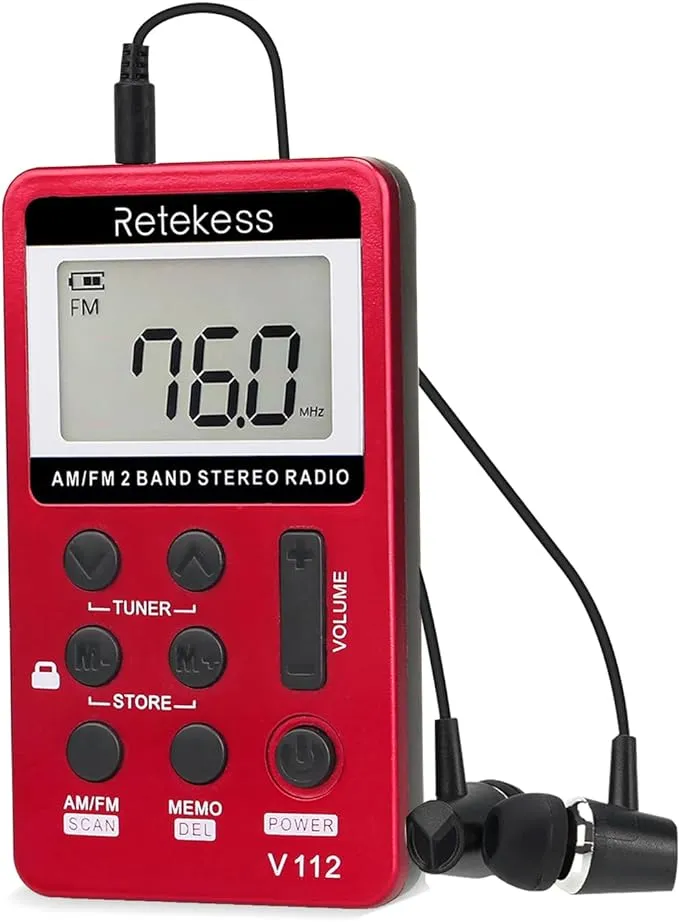 Retekess V112 AM FM Portable Pocket Radio Digital Tuning Stereo Volume with Earphone Rechargeable Battery for Walking Gym (Red)