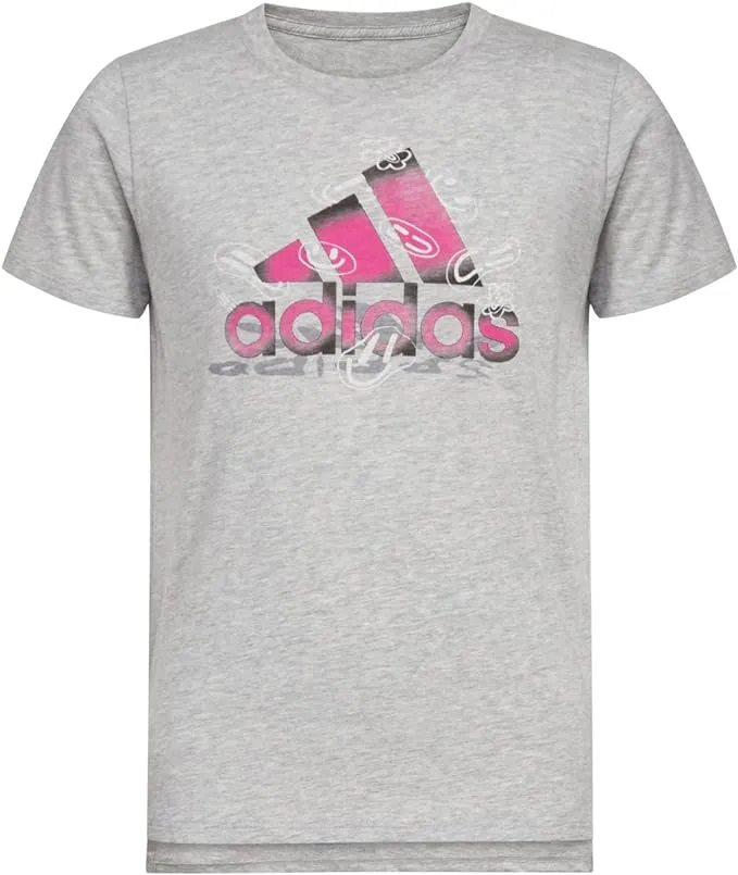 adidas Girls Short Sleeve Scoop Neck Tee 22 T Shirt, Grey Heather with Gradient Multicolor, Large