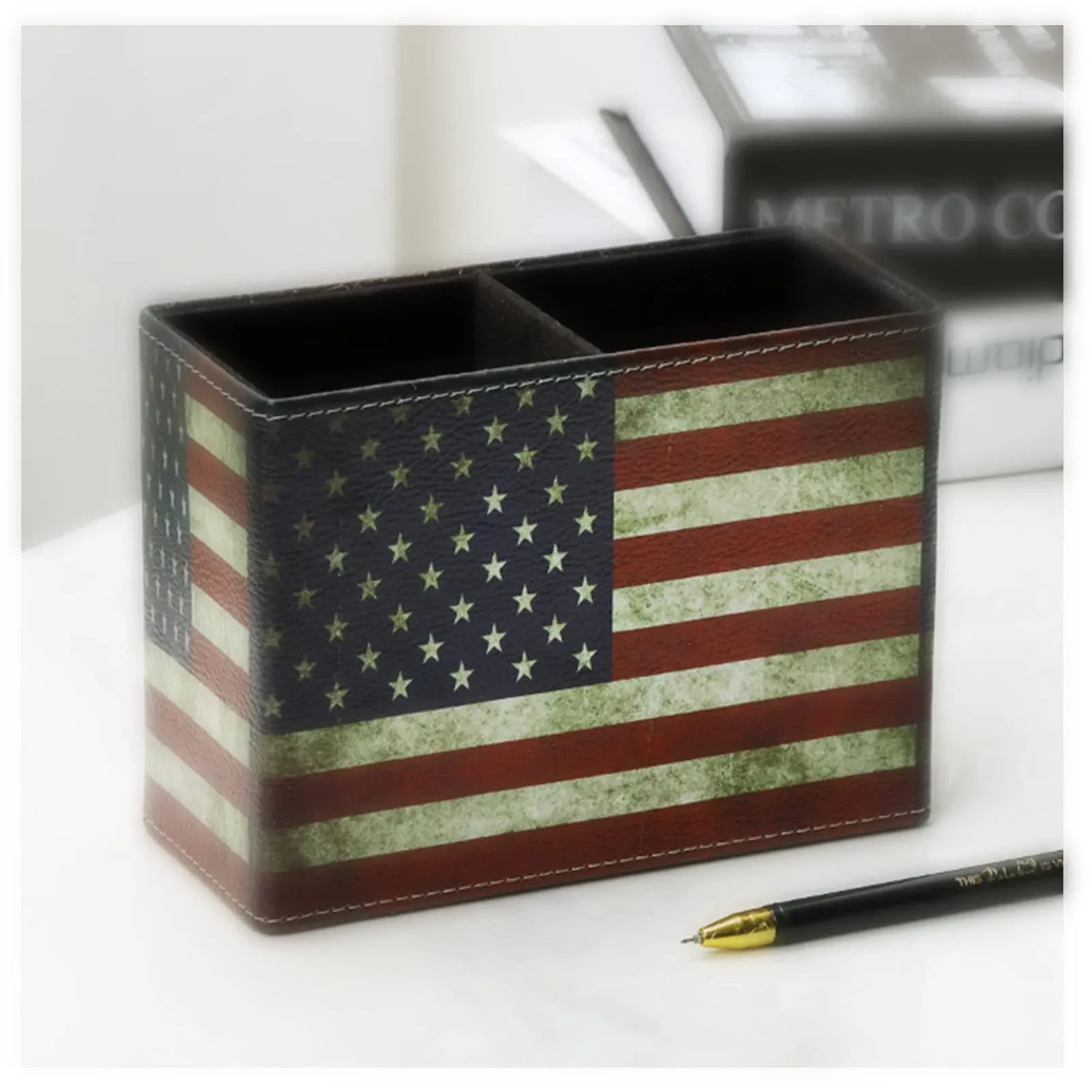 koofull American Flag Desk Organizer, PU Leather Retro Vintage Cool... 