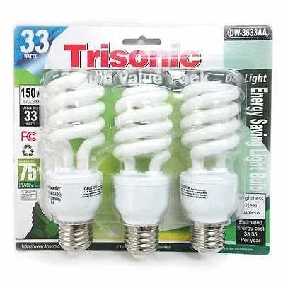 3 Pcs Daylight Bulb Light 33 W Energy 150 Watt Output White Compact Fluorescent