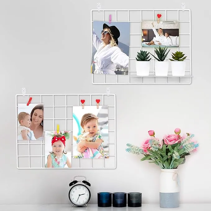 2 Pack Wire Wall Grid Panel | Photo Display Gridwall | Metal, White & Magnetic Panels | Mesh Storage Organizer & Picture Frame | Hanging Home, Office & Kitchen Décor | Wire Notice Board