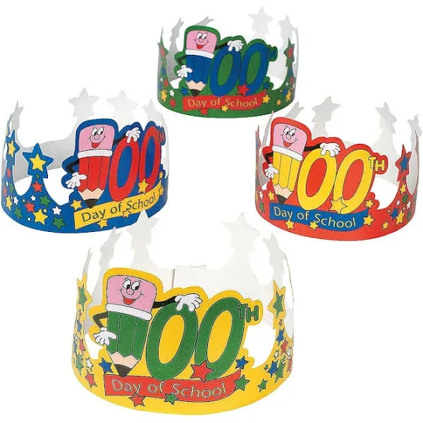 Fun Express 100th Day of School Crowns Set of 12 - DIY Paper Crowns and Tiaras - Classroom Supplies and Activities