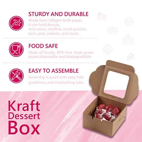 Bubbley Kraft Paper Bakery Boxes - 25-Pack Single Pastry Box 4-Inch, Packaging with Clear Display Window, Donut, Mini Cake, Pie Slice, Dessert Disposable Take-Out Container, Brown, 4 x 2.3 x 4 Inches