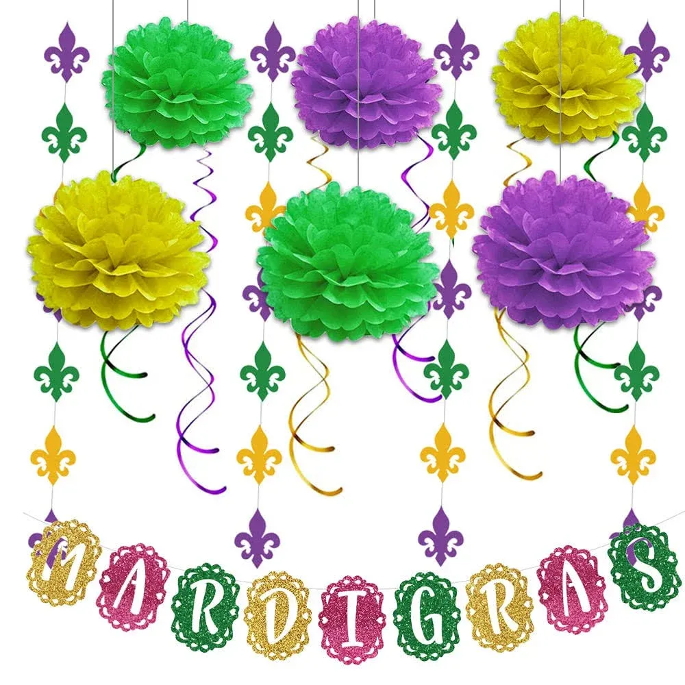 Threetols 14pcs Mardi Gras Decoration Kit , Yellow Green Purple Pom Pom Flowers ...