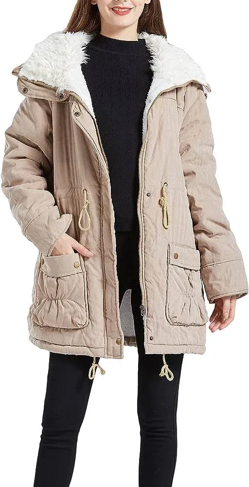 Women's Winter Mid Length Thick Warm Faux Lamb Wool Lined Jacket Coat