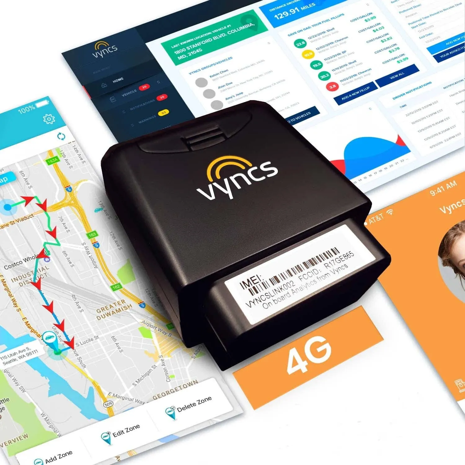 GPS Tracker Vyncs Fleet No Monthly Fee Real Time Tracking, OBD, 3G/2G, 1 Year Data Plan, Vehicle Diagnostics, Trip Logging, Driver Safety Alerts