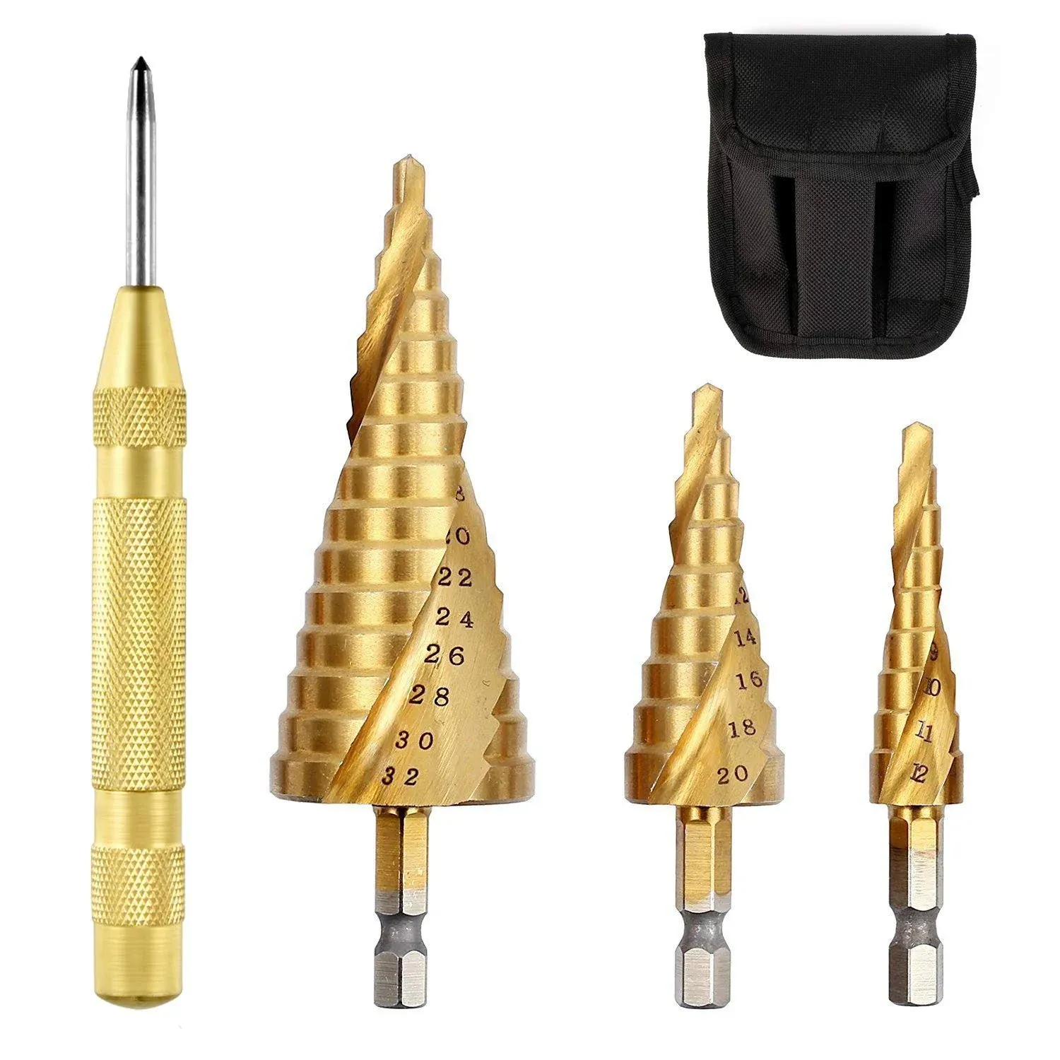 LepoHome 3pcs High-Speed Steel Spiral Step Drill Bit Set with Automatic Spring Loaded Center Punch Power Tools Cone Titanium Coated