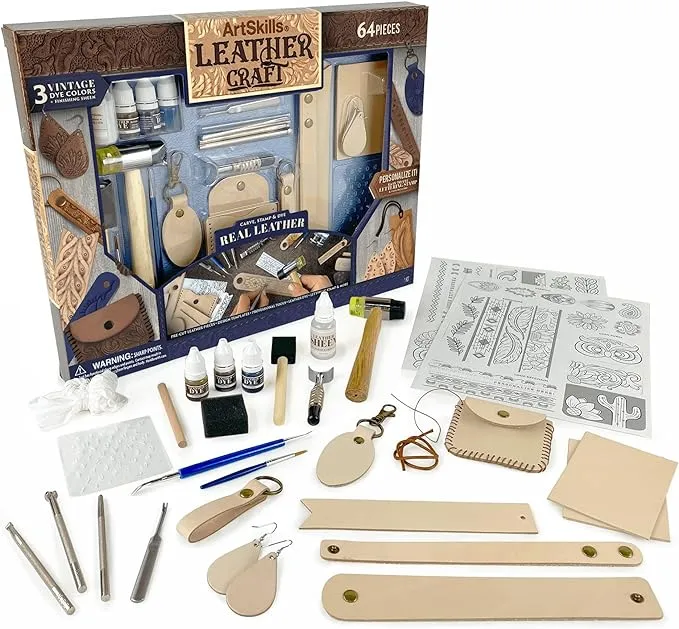 ArtSkills Leather Working Kit for Beginners with Leather Tools, Dyes, and Leather Stamps, Leather Crafting Kits for Adults & Teens, 64 pc