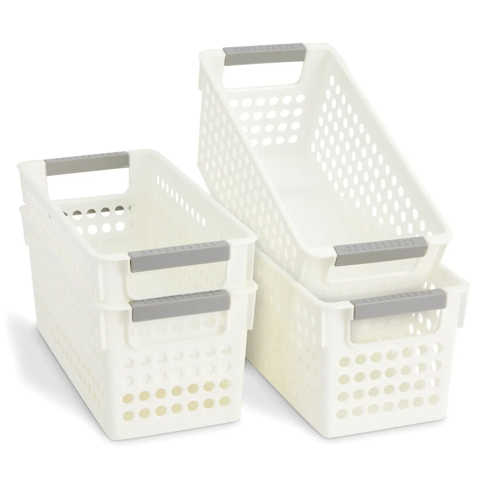 Farmlyn Creek Plastic Storage Baskets, White Nesting Bin Containers with Grey Handles (4 Pack)