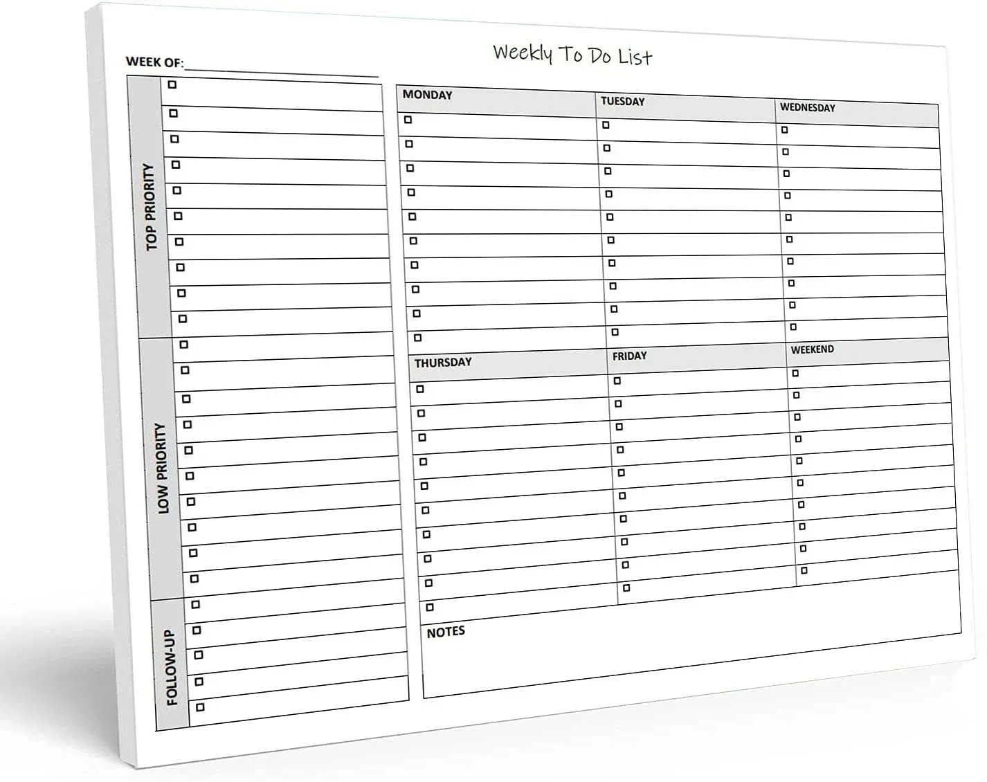 Weekly TO DO List Notepad, 50 Page Task Planning Pad w/Daily Checklist, Priority ToDo Checkbox & Note Sections. Desk Notebook Pad to Organize Office. 11 X 8.5, A4 Sheets. Made in the USA.